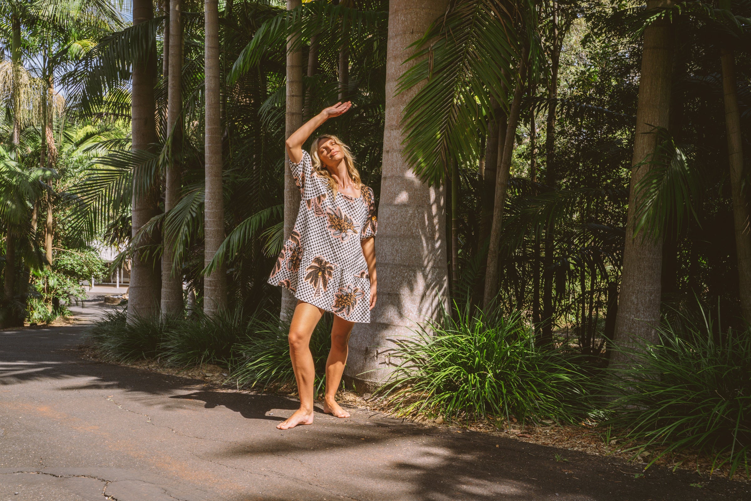 Paradise Palm Puff Sleeve Mini Dress